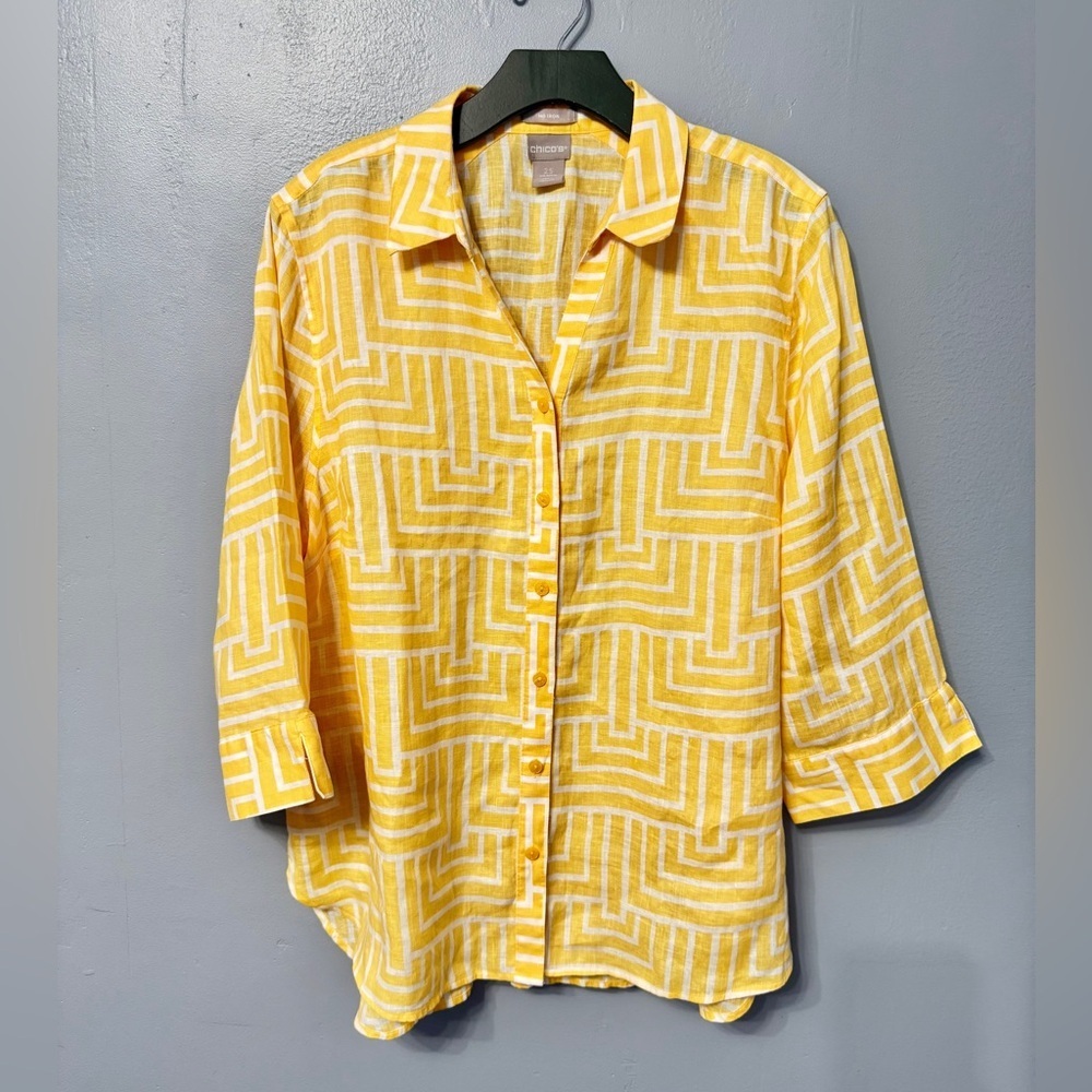 #1) Chico's No Iron 100% Linen Yellow and White Patterned Blouse
